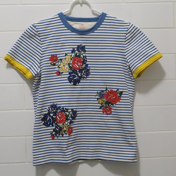 TORY BURCH FLORAL Tee Shirt top 100% cotton striped blue white short sleeves Sml - Picture 1 of 9